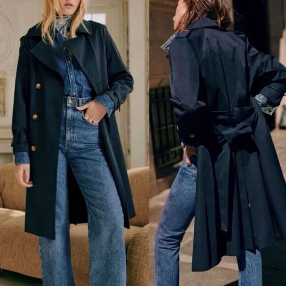 Sezane Jackets & Blazers - Sezane Scott Trench Coat 34 2 Marine Cotton Double Breasted Midi